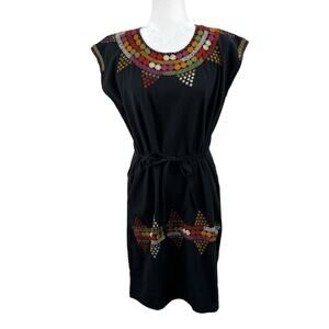 Black Multicolor Embroidered Tie Waist Mexican Summer Mini Shift Dress Large/XL